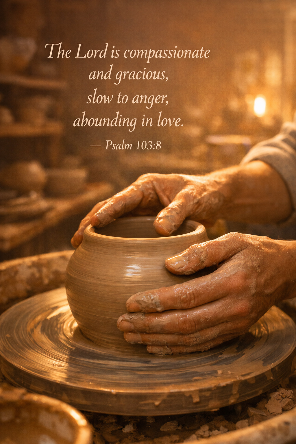 Psalm 103:8 vertical wallpaper with potter's hands gently shaping clay on a wheel in warm workshop light